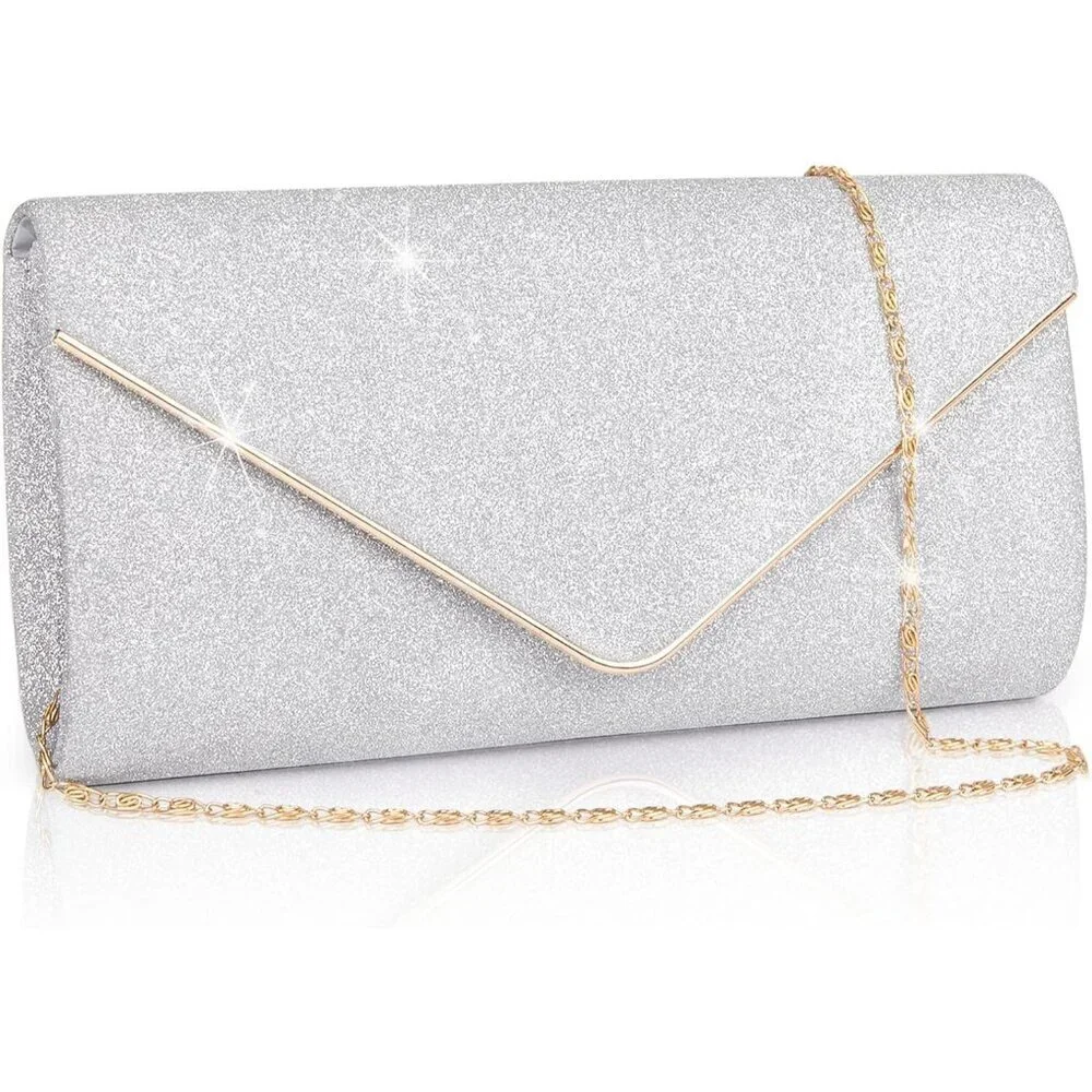 Women's Sparking Silver Envelope Bag With Detachable Chain Clutch Purses